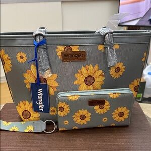 Wrangler blue Tote and Wallet with Yellow Sunflower Print